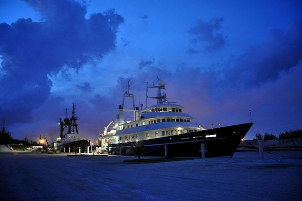 The M/Y Golden Shadow docked in Freeport with one of Google’s mapping vessels at her stern. Credit: Liz Smith