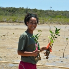 Forest Heights Academy student collects her and her friends mangroves and she is ready to plant them.