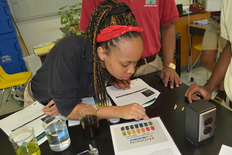 During the second year B.A.M. program, students will test several non-living factors in their mangrove plots. Here students are practicing using pH test strips.