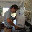 Biology student at Forest Heights Academy fills one of the plant flats with pebbles. Students will grow one of their three propagules in this media type.