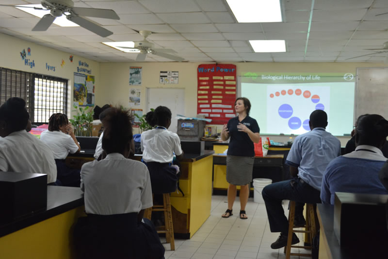 Our Director of Education Amy Heemsoth teaching students at Abaco Central High School about food webs.