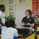 Amy Heemsoth, our Director of Education, shows the various characteristics of the Phylum Porifera. She is holding a sponge in her hand, which are the animals that are found in this phylum.