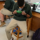 An 11th grader at Forest Heights Academy checks out a decorator crab.