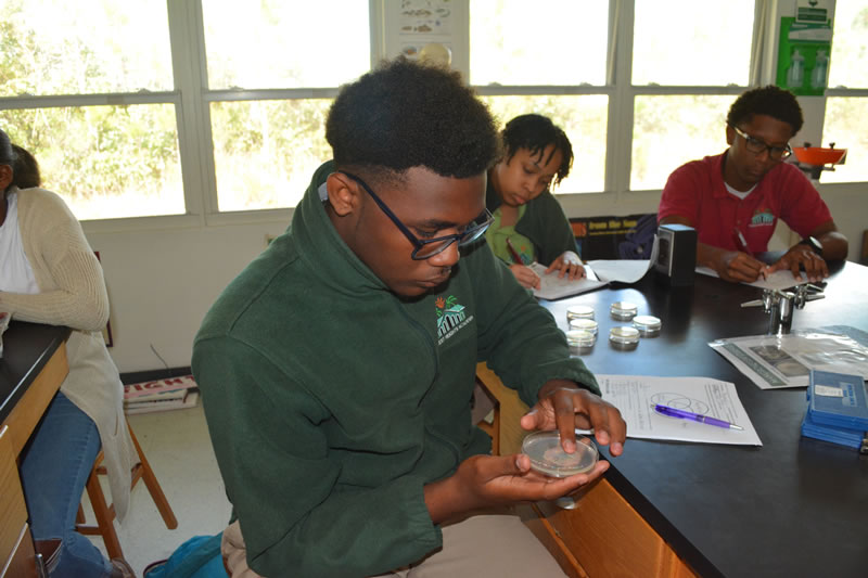Forest Heights Academy students get a chance to touch the agar in a test plate to see what it feels like. Most students have never touched or seen agar before. Students will not be able to touch the agar in their own plates or else they will contaminate their samples.