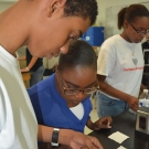 FRIENDS of the Environment Outreach Officer, Cassandra Abraham helps Forest Heights Academy student to cut a small section of his potentially diseased mangrove leaf that includes diseased and non-diseased sections of the leaf.