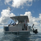 Divers Gideon Butler and Lauren Valentino back roll off the Calcutta.