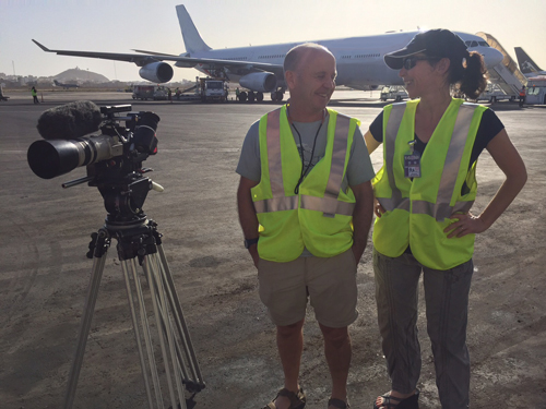 Executive Producer of The Missing Catch chats with cameraman Doug Allan about filming the export of fish at Dakar airport.