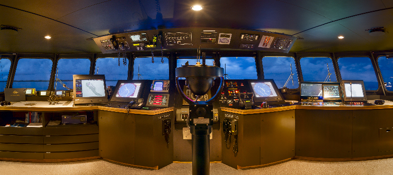 Bridge of M/Y Goden Shadow at dusk.
