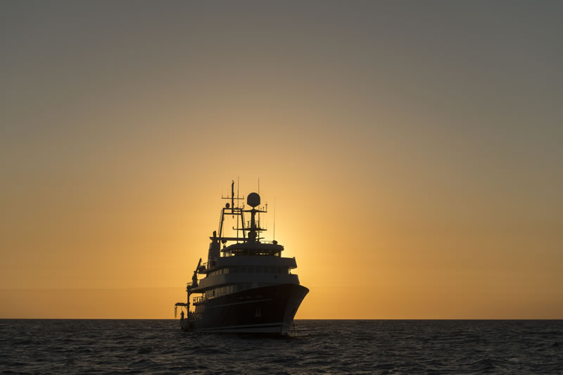 The Golden Shadow at sunset, the mothership of the Living Oceans Foundation. The ship is owned by His Royal Highness Prince Khaled bin Sultan.