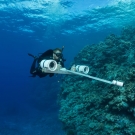 Brett Taylor with his stereo video camera. With this 3D device and a specialized software he measures the size of parrotfishes.