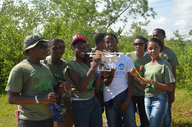 Students from William Knibb High School were excited to help recover the drone after taking aerial shots of the mangrove forest.