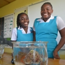 Excited students at William Knibb High School ask for a photo with a sea anemone.