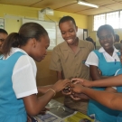William Knibb High School students touch a sea biscuit for the first time. Students note the bristles on the organisms and they observe how that the sea biscuit uses them to camouflage itself and move.