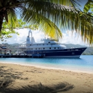 M/Y Golden Shadow, docked in Port Antonio, Jamaica.