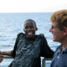 Dr. Andrew Bruckner discusses the Living Oceans Foundation with a visiting school child.