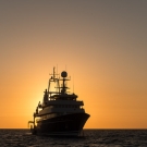 Anchored Golden Shadow against sunset. Golden Shadow, the mothership of the Living Oceans Foundation. The ship is owned by Khaled bin Sultan. © Jürgen Freund/LOF