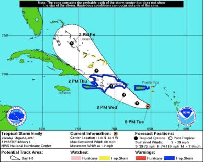 National Hurricane Center forecast map for TS Emily as of 5 PM on August 2, 2011