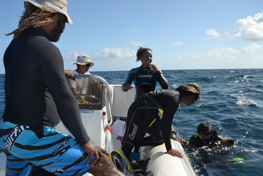 The conch team on site (l to r: Felipe Cabeza, crewman Ade Nazar, Trisha Forbes, Heins Best, Omar Abril)