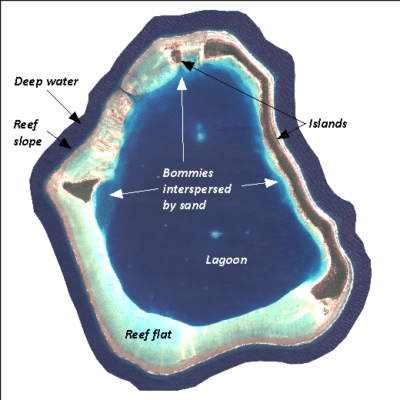 A WorldView-02 image of Mopelia showing the reef’s geomorphological features.