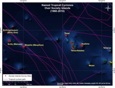 Surveys, to date, completed in the Society Islands, along with cyclones that have occurred in the area since 1960.