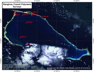 A map of Rangiroa showing the surveys done in November (red) and the surveys already done on this mission (green).