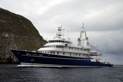 The M/Y Golden Shadow, home to the scientific team during the research, near Darwin Island, Galapagos.