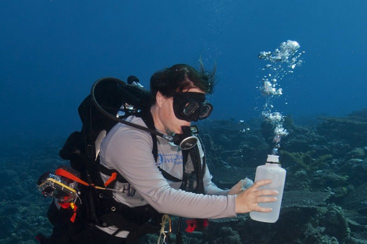 science diver taking water samples underwater