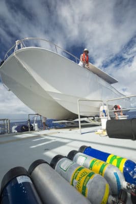 Loading tanks and gear on the dive vessel, Calcutta. M/Y Golden Shadow ©Michele Westmorland/iLCP