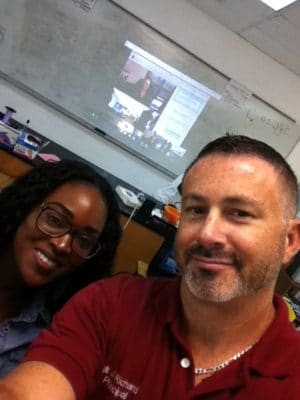 FRIENDS Outreach Coordinator, Cassandra Abraham and James Richard, Principal at Forest Heights Academy take a selfie with our Director of Education, Amy Heemsoth and Ryann Rossi, PhD candidate at North Carolina State University who are on a video conference call with Mr. Richard’s class.