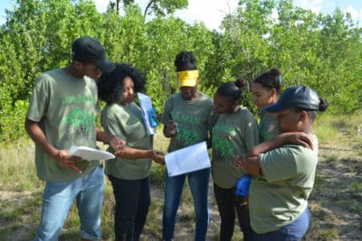 B.A.M. and J.A.M.I.N. – Image 1 - Students from William Knibb High School use scientific tools to measure various non-living factors in their mangrove quadrats. 