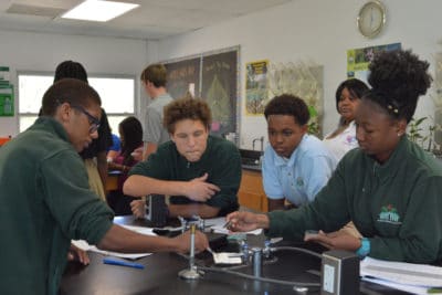 B.A.M. and J.A.M.I.N. – Image 2 - Forest Heights Academy students dissect their mangrove leaves and plate them in agar. 