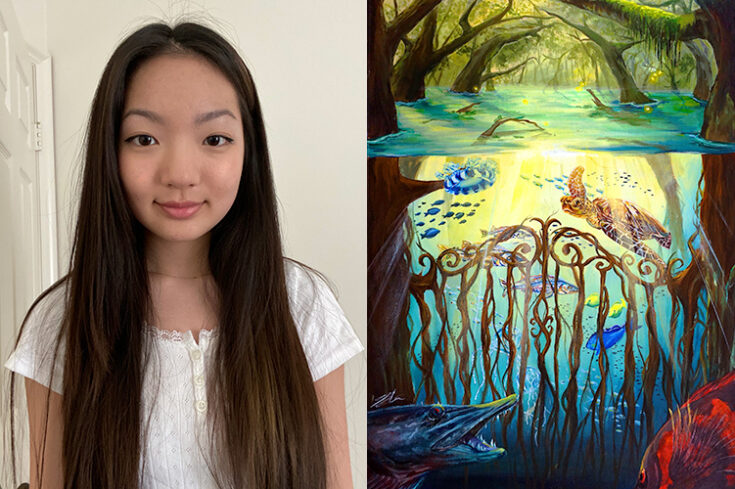 Sharon Choi and her winning piece of artwork, The Guardians of the Sea.