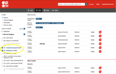 IUCN Red List Screenshot