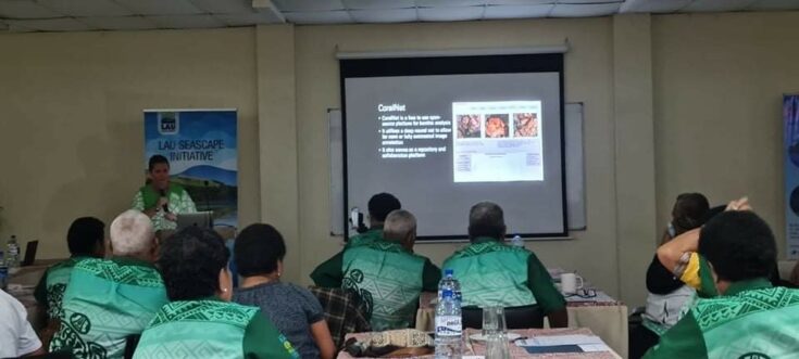 Alex Dempsey presenting a slide on CoralNet at the Lau Seascape Initiative Planning Retreat