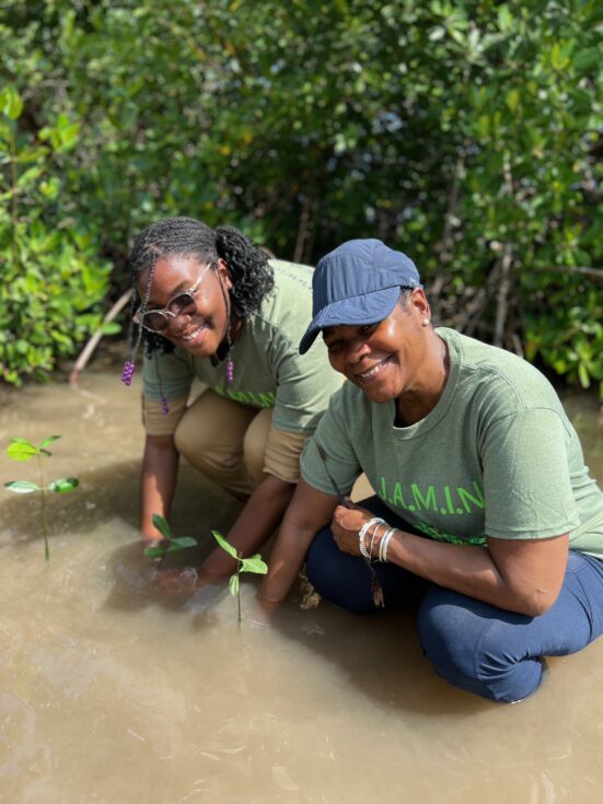 A picture of Sandra Turner helping a student plant their mangrove