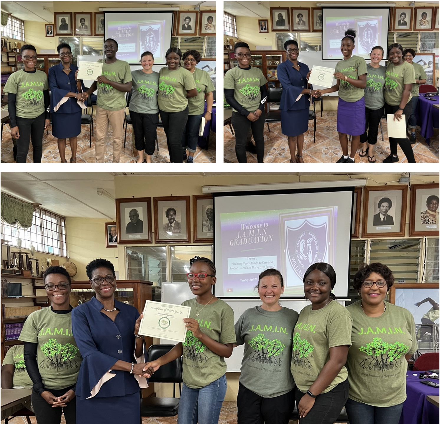 Students proudly receive their well-deserved J.A.M.I.N. certificates of completion, bestowed upon them by a distinguished panel including William Knibb Memorial High School Vice Principal and Science Teacher Andrea Dunn, UWI Discovery Bay Marine Lab staff Shanna Thomas and Trudy-Ann Campbell, and the Director of Education at Living Oceans Foundation, Amy Heemsoth.