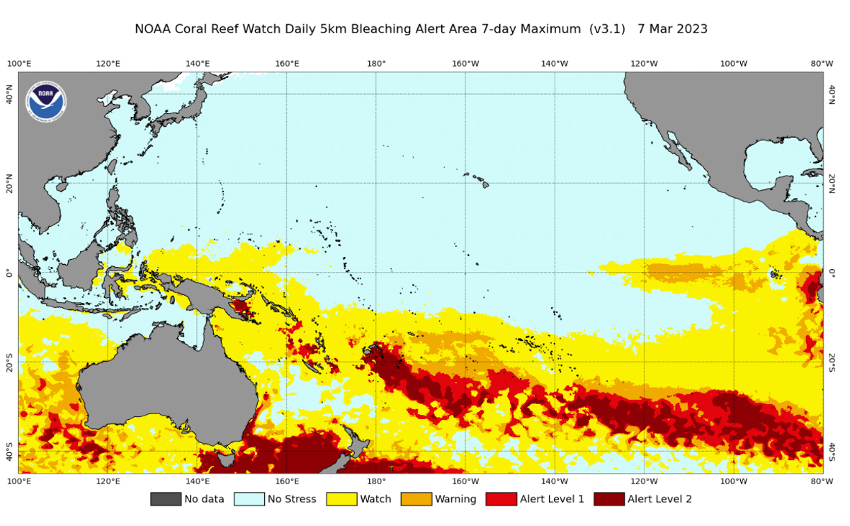 NOAA Coral Reef Watch Bleaching Report for the Pacific in March 2023.