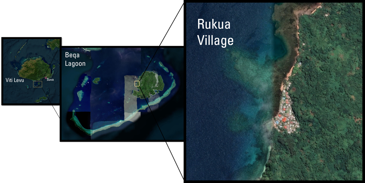 Map showing the location of Rukua Village on the west coast of Beqa.