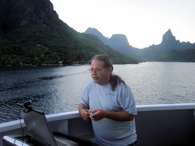 Jim Evans having a skype call with two classes on the east coast of the US while off the coast of Moorea