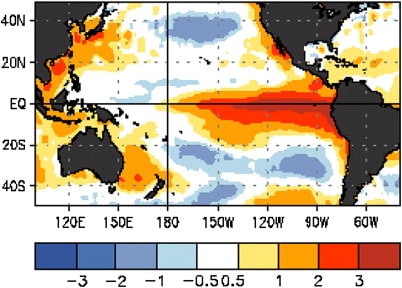 Above average sea surface temperature in 1998 is seen in the eastern Pacific, right over French Polynesia Above average sea surface temperature in 1998 is seen in the eastern Pacific, right over French Polynesia