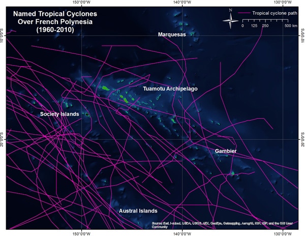 Coral threats: Tropical cyclones can be hundreds of kilometers wide, which would cover all of French Polynesia. Coral threats: Tropical cyclones can be hundreds of kilometers wide, which would cover all of French Polynesia.