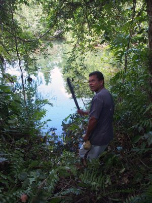 Dense growth of trees and other vegetation lines the Anguar lake