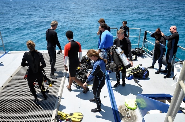 F_DSC_1024 The expedition divers prepare their gear and stage it on the Shadow's stern elevator in readiness for their first practice dives.