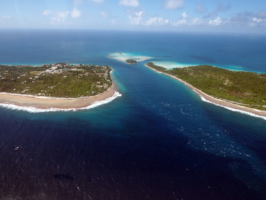 Aerial view of Avatoru pass, a major destination for shark diving