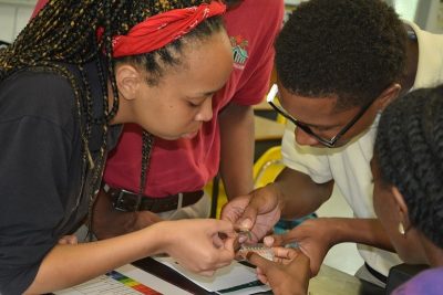 Forest Heights Academy students practice testing the pH of various liquids before going into the field.