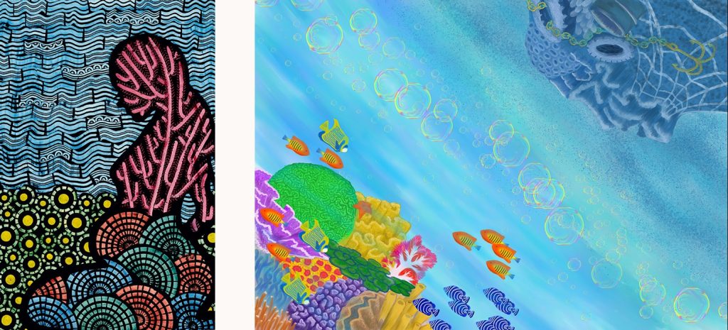 Third Place: “Coral Reefs For Ever” by Hiba Khamlichi and “Two Faces of Coral Reefs” by Kang San Kim