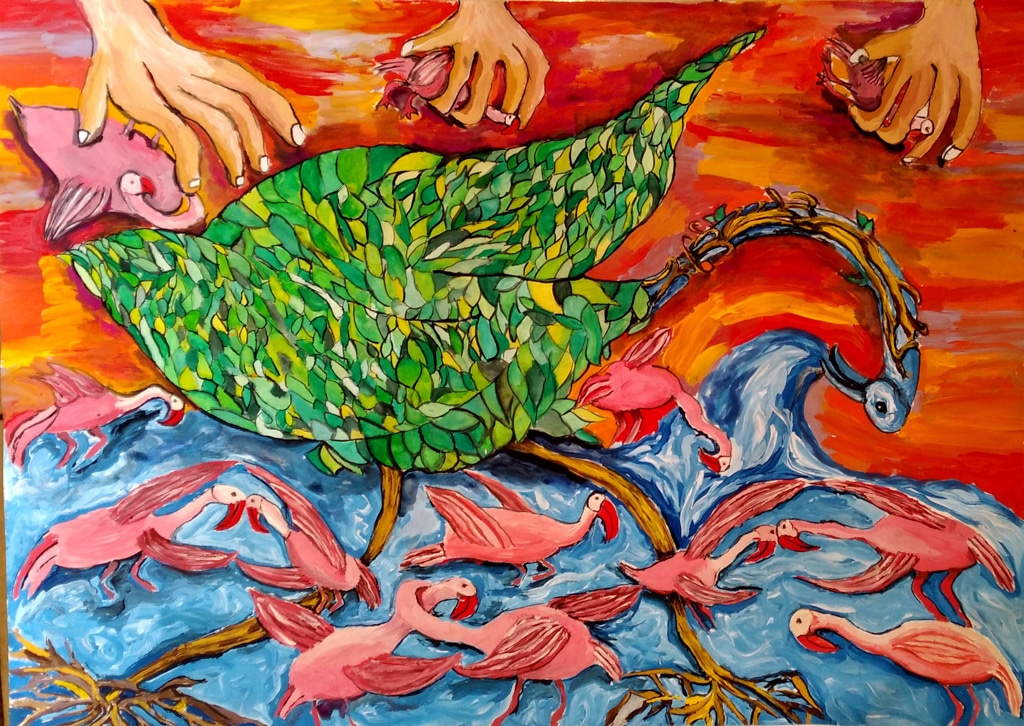 "Flamingo Shelters" by Elena Faridbagheri, Age 11, Islamic Republic of Iran